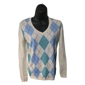 Tommy Hilfiger Blue and White Argyle V-Neck Sweater Preppy